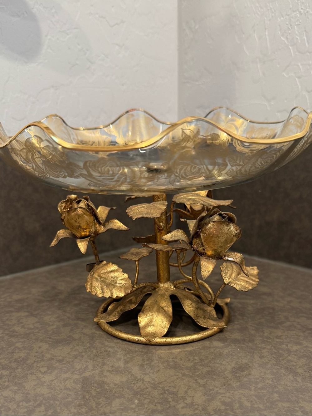 Vintage Mid Century Italian Tole Rose Centerpiece Gold Glass Bowl